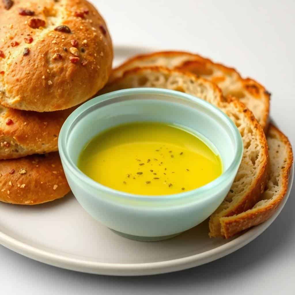 Olive oil dip with red pepper flakes in light blue bowl, surrounded by sliced and whole seeded bread rolls.