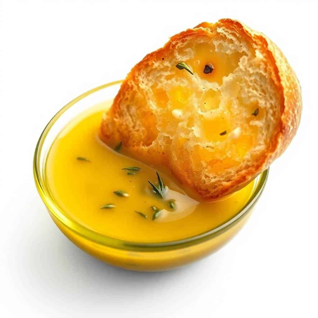 Warm crusty bread roll dipped in golden olive oil with herb garnish in glass bowl.