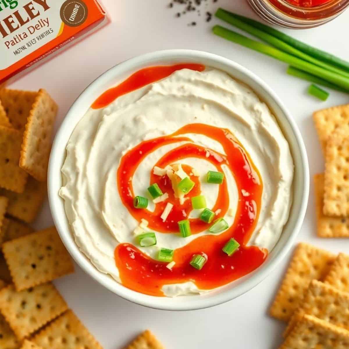 Creamy cheese dip with spicy pepper jelly and green onions. Perfect for snacks and parties.