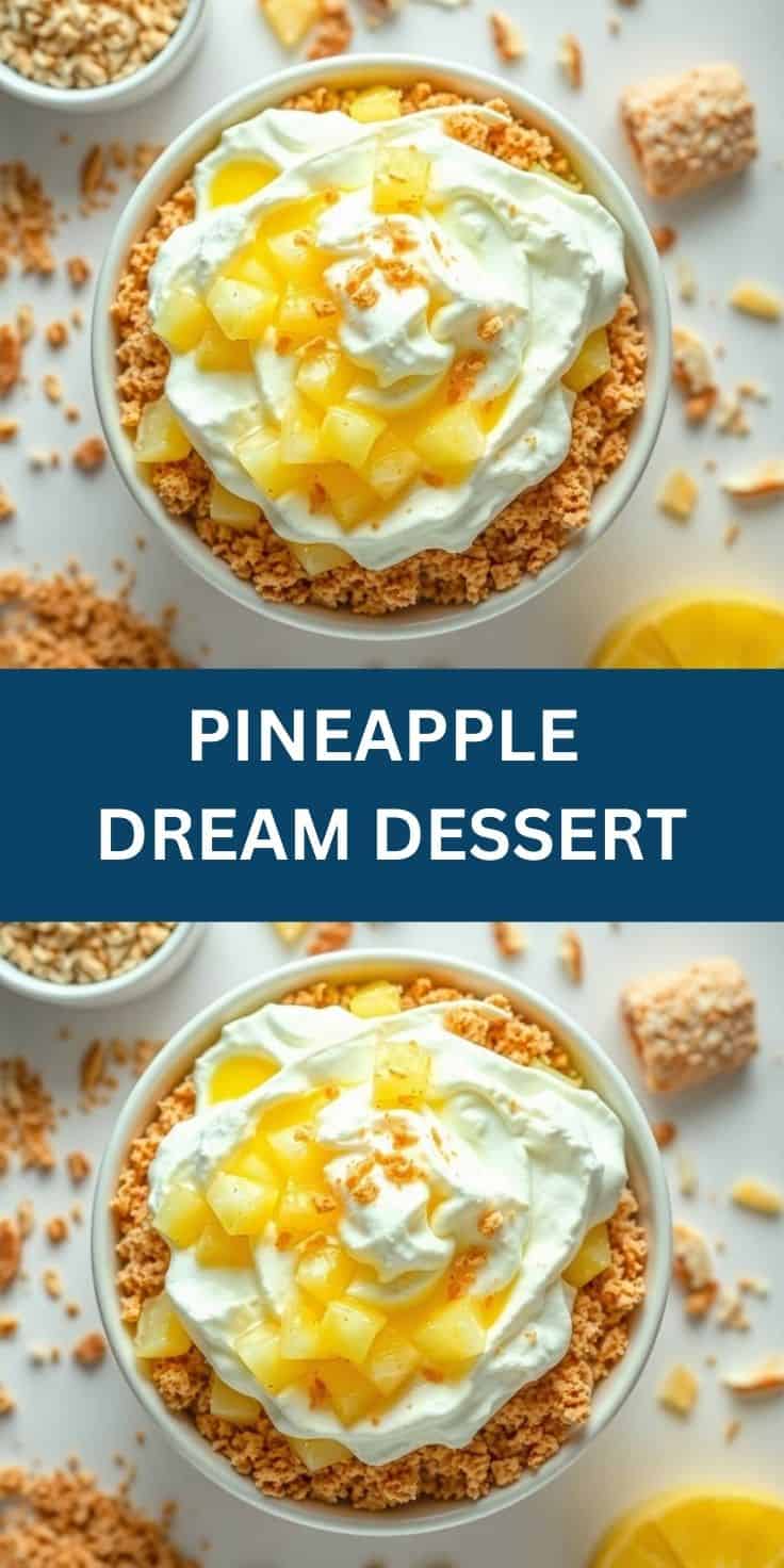 Pineapple Dream Dessert with graham cracker crust, whipped cream, and pineapple chunks in white bowl.