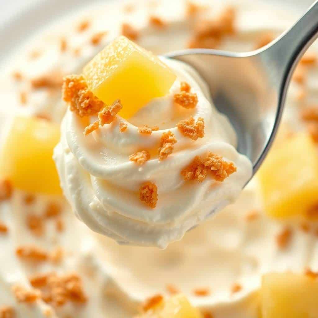 Pineapple Dream Dessert spoonful showing whipped cream, granola crumble, and pineapple gel topping.