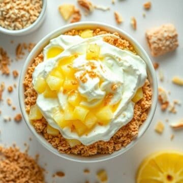 Delicious pineapple dessert with whipped cream and crushed cookies. Perfect for summer treats and tr.