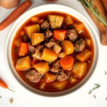 Delicious slow cooker beef stew with tender meat, potatoes, carrots, and savory broth. Perfect comfo.