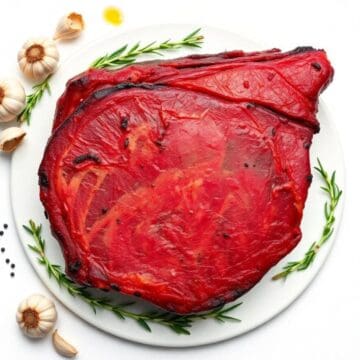 Prime rib roast with herbs and garlic on a white plate.