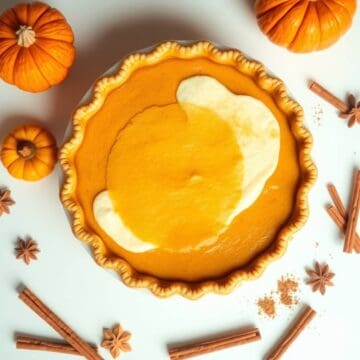 Classic pumpkin pie topped with whipped cream, perfect for fall desserts.