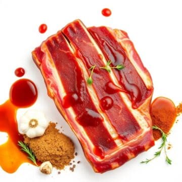 Juicy grilled ribs drizzled with barbecue sauce and herbs.