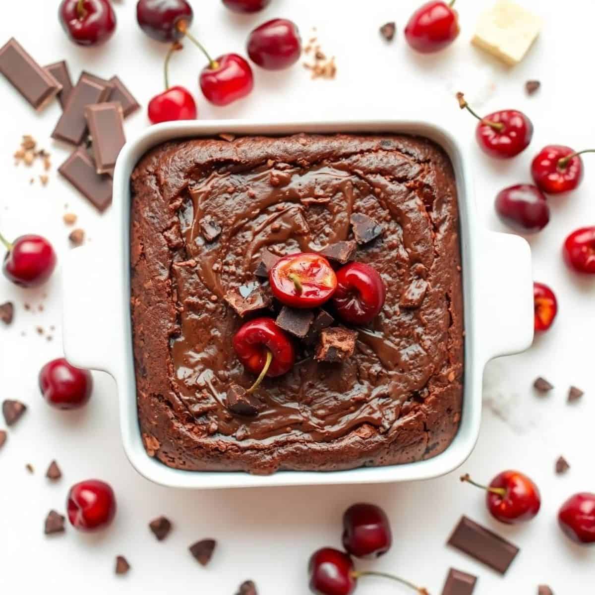 Delicious roasted chocolate cherry brownies topped with fresh cherries and chocolate chunks. Perfect.