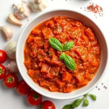 Delicious roasted tomato pasta sauce with fresh basil in a white bowl.