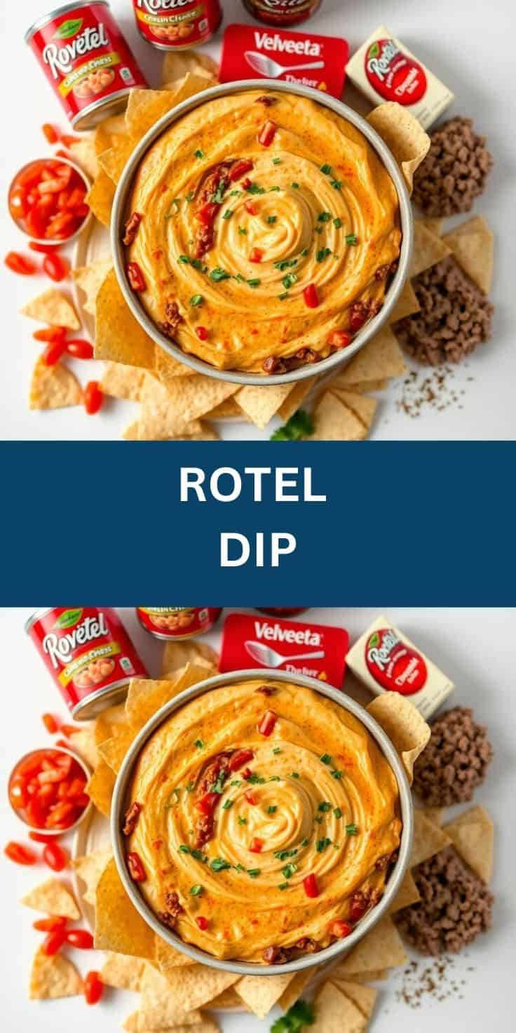 Rotel dip in white bowl garnished with red peppers and chives, surrounded by tortilla chips and Rotel cans.