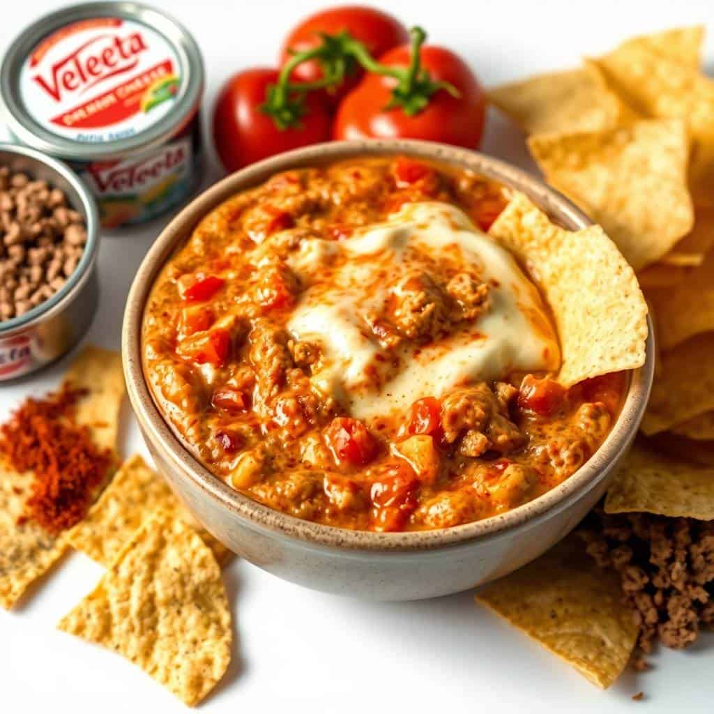 Rotel dip in gray bowl topped with sour cream, surrounded by tortilla chips and ingredients.
