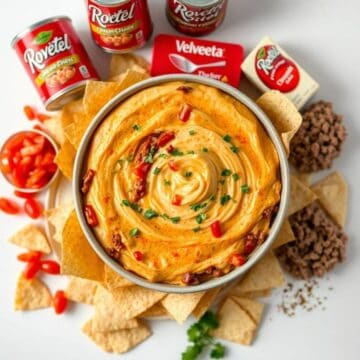 Delicious creamy Rotel dip garnished with chives, served with tortilla chips and salsa.