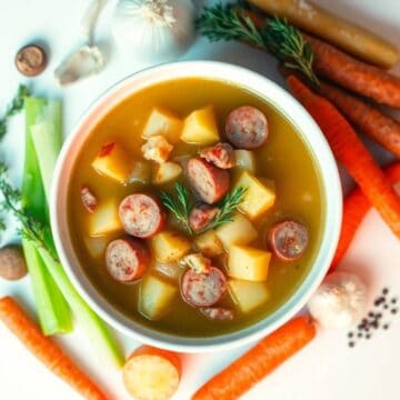 Hearty sausage and potato soup with fresh herbs and vegetables.