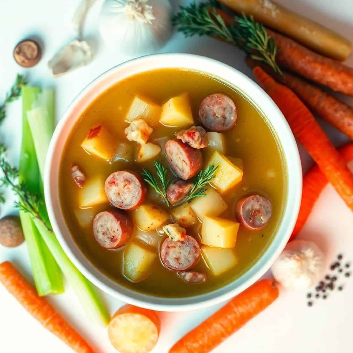 Hearty sausage and potato soup with fresh herbs and vegetables.