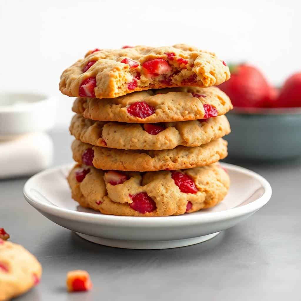 Stack of strawberry crunch cookies with red fruit pieces on white plate against gray surface.