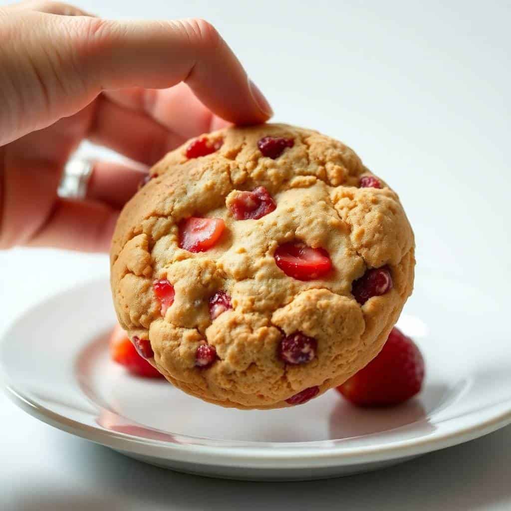 Hand holding a golden strawberry crunch cookie studded with red candy pieces on a white plate.