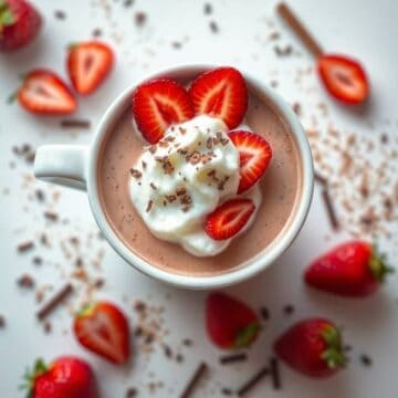 Delicious strawberry hot chocolate topped with whipped cream and fresh strawberries.