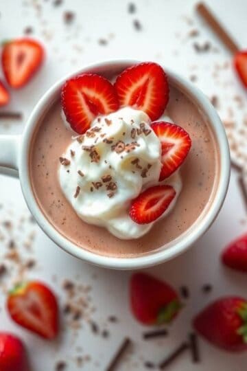 Delicious strawberry hot chocolate topped with whipped cream and fresh strawberries.