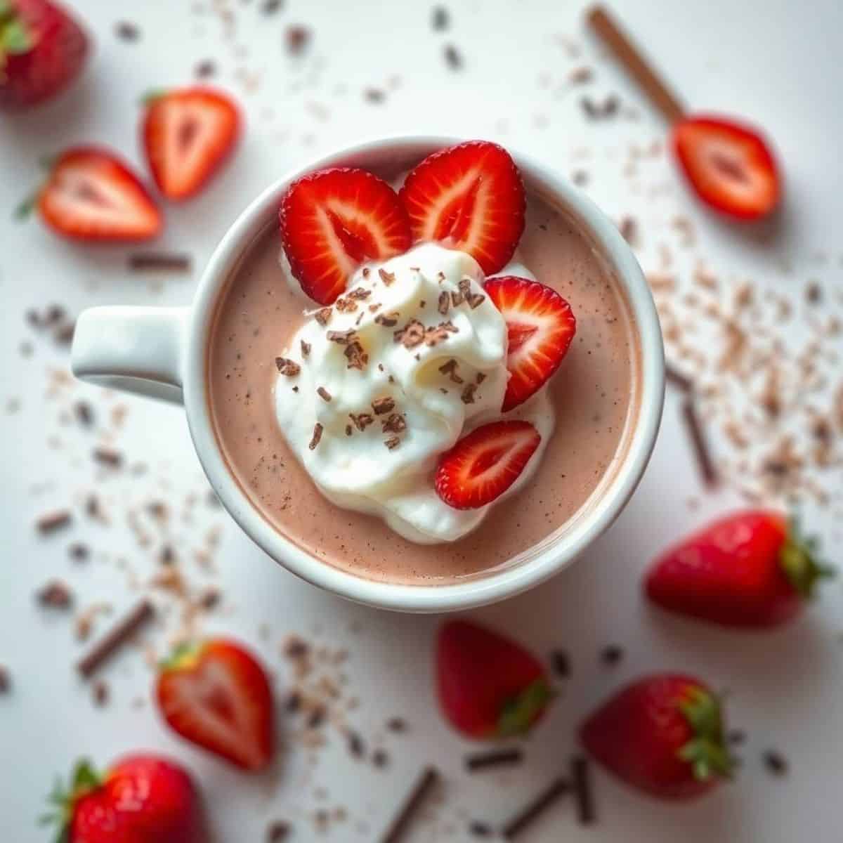 Delicious strawberry hot chocolate topped with whipped cream and fresh strawberries.