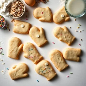 Delicious sugar cookies shaped like mittens, perfect for holiday treats and cookie decorating.