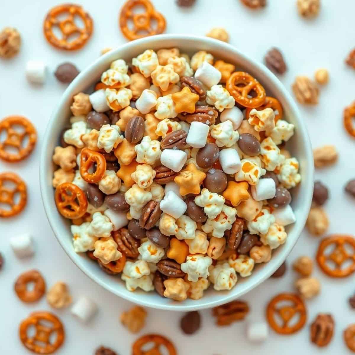 Festive sweet and salty holiday snack mix with popcorn, pretzels, and chocolate candies in a bowl.