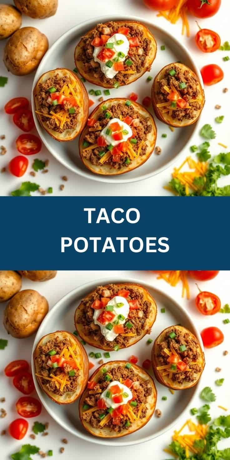 Taco potatoes halved and filled with seasoned ground meat, cheese, tomatoes, sour cream, and green onions on white plate.