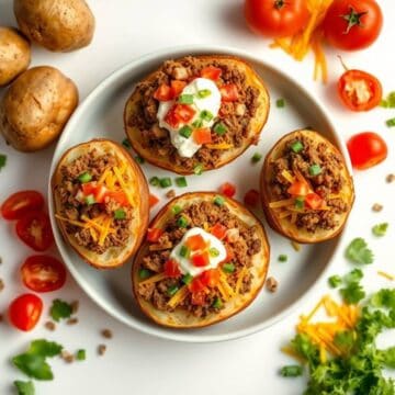 Baked potato halves topped with seasoned ground beef, cheese, sour cream, and fresh vegetables.