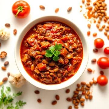 Delicious homemade chili with ground beef, beans, and spices, perfect for cozy meals.