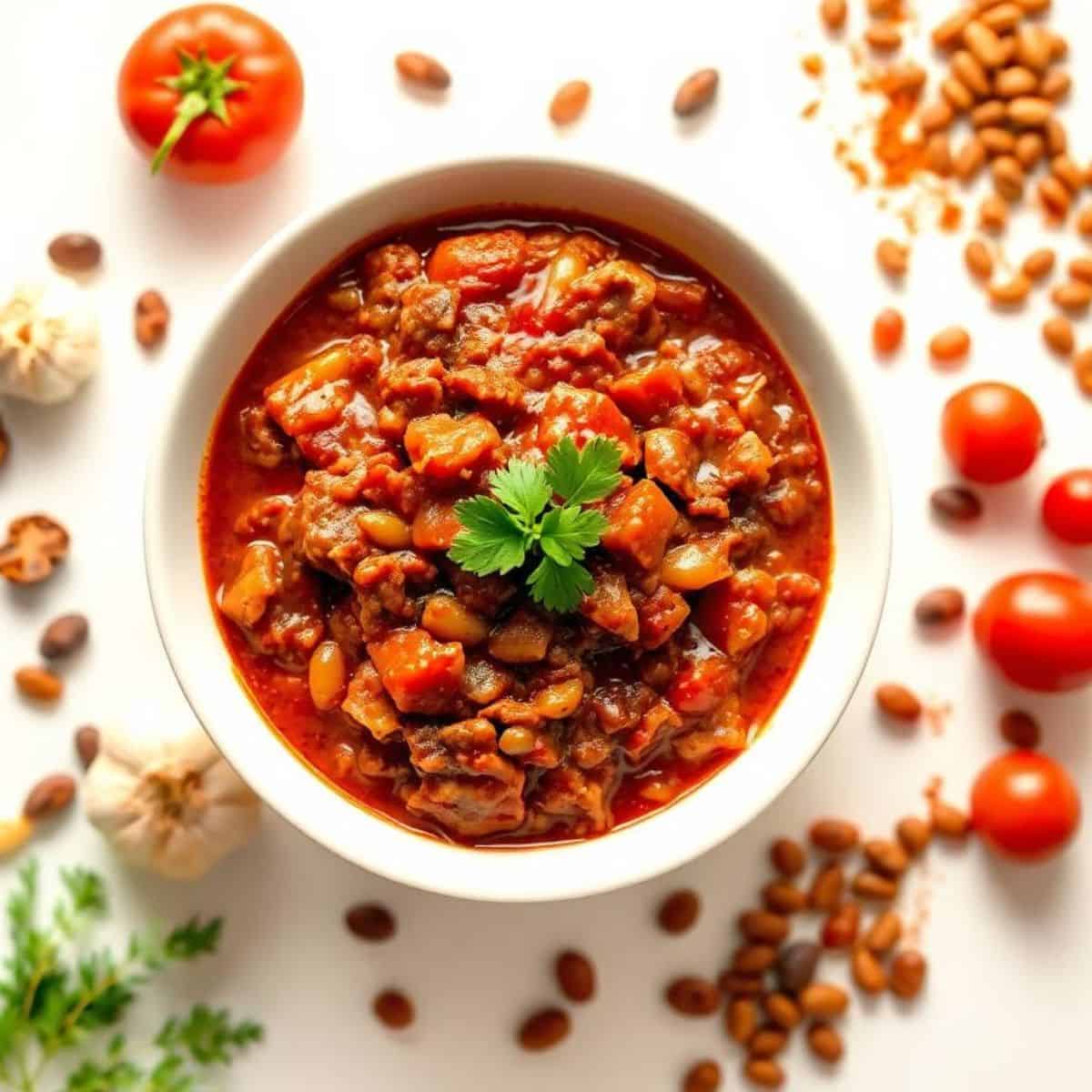 Delicious homemade chili with ground beef, beans, and spices, perfect for cozy meals.