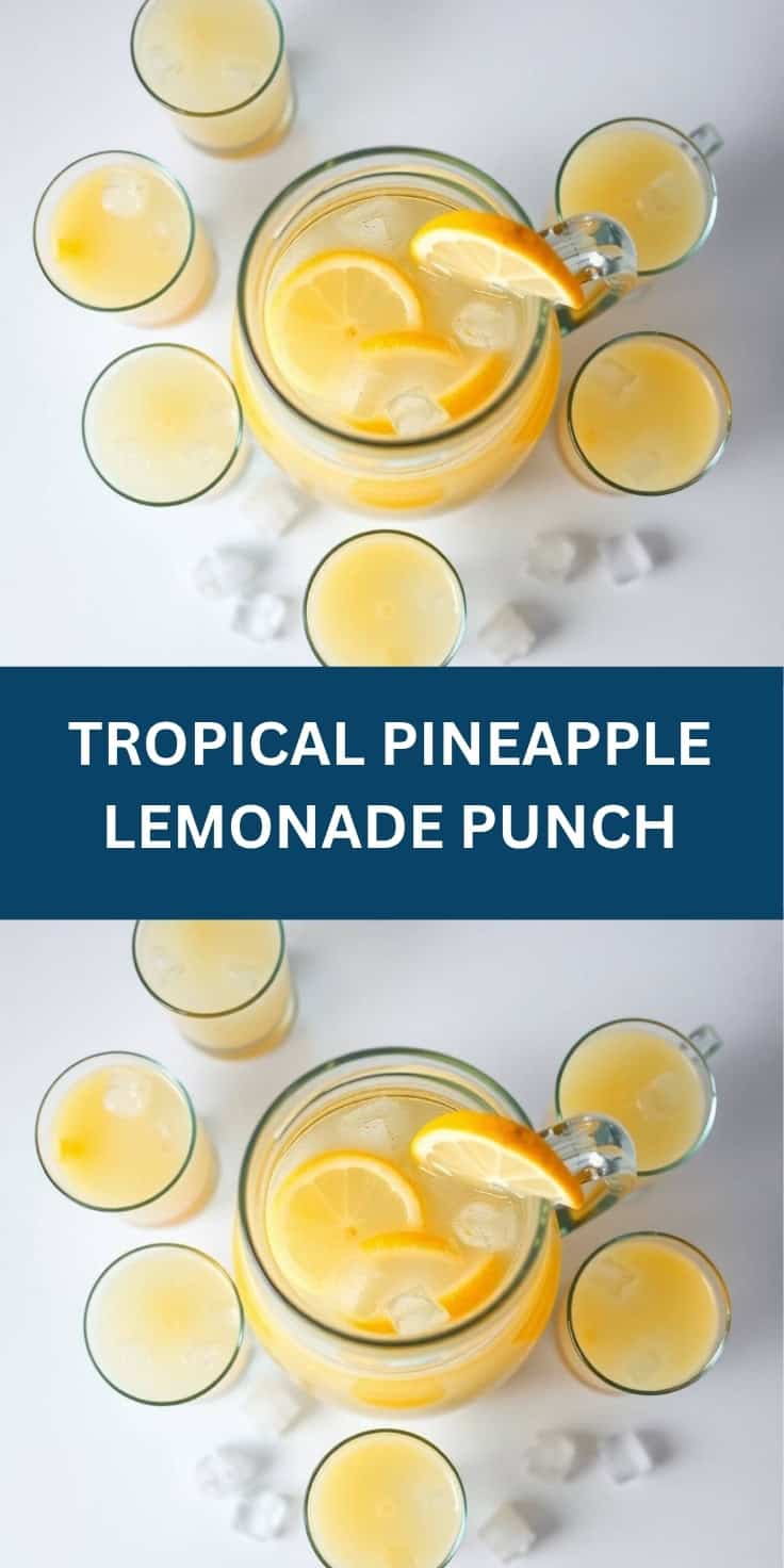 Tropical pineapple lemonade punch in a pitcher surrounded by six filled glasses with lemon slices and ice.