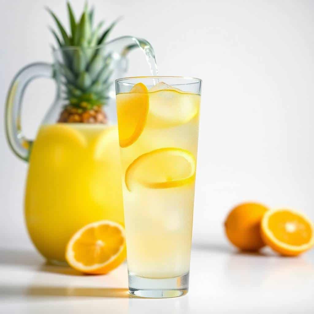 Tropical pineapple lemonade punch served in tall glass with orange slices and ice, pitcher and fresh fruit visible.