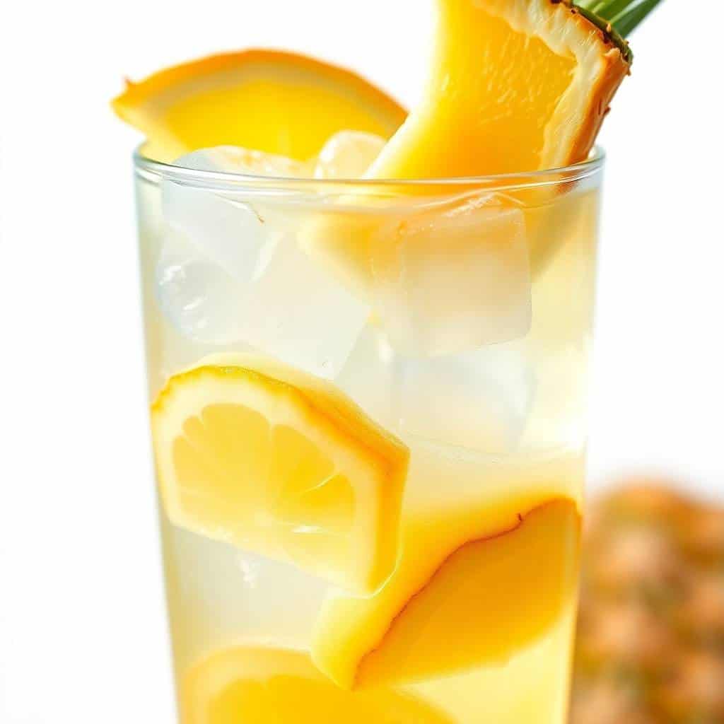 Tropical pineapple lemonade punch in glass with ice, pineapple and citrus slices, and green leaf garnish.