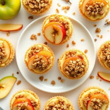 Delicious apple crisp mini cheesecakes with crumb topping and fresh apple slices.