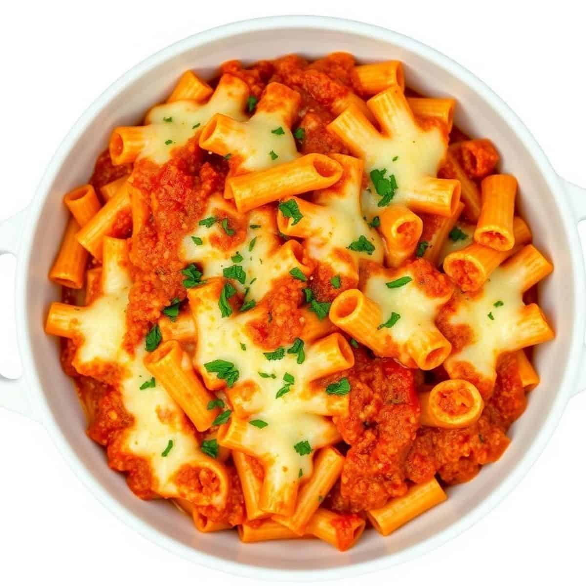 Baked ziti with cheese and tomato sauce in a white bowl.