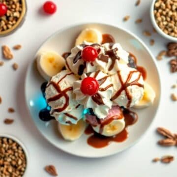 Delicious banana split sundae with ice cream, whipped cream, cherries, and chocolate drizzle. Perfec.