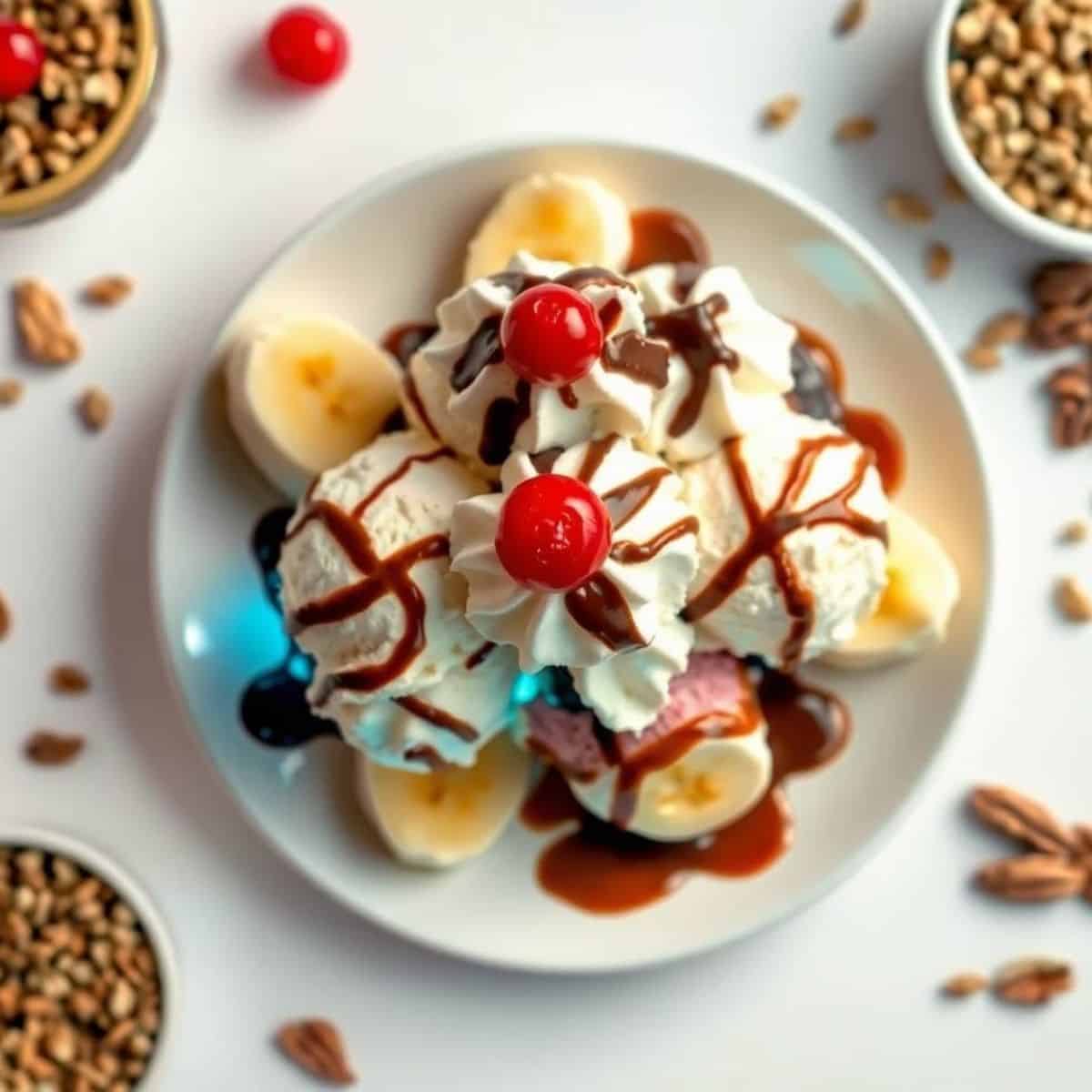 Delicious banana split sundae with ice cream, whipped cream, cherries, and chocolate drizzle. Perfec.