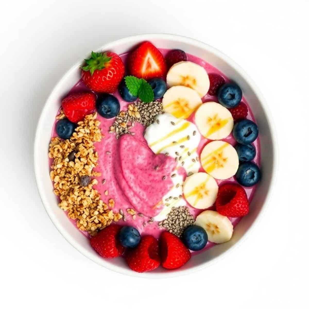 Vibrant smoothie bowl topped with fresh strawberries, bananas, blueberries, and granola. Perfect for.