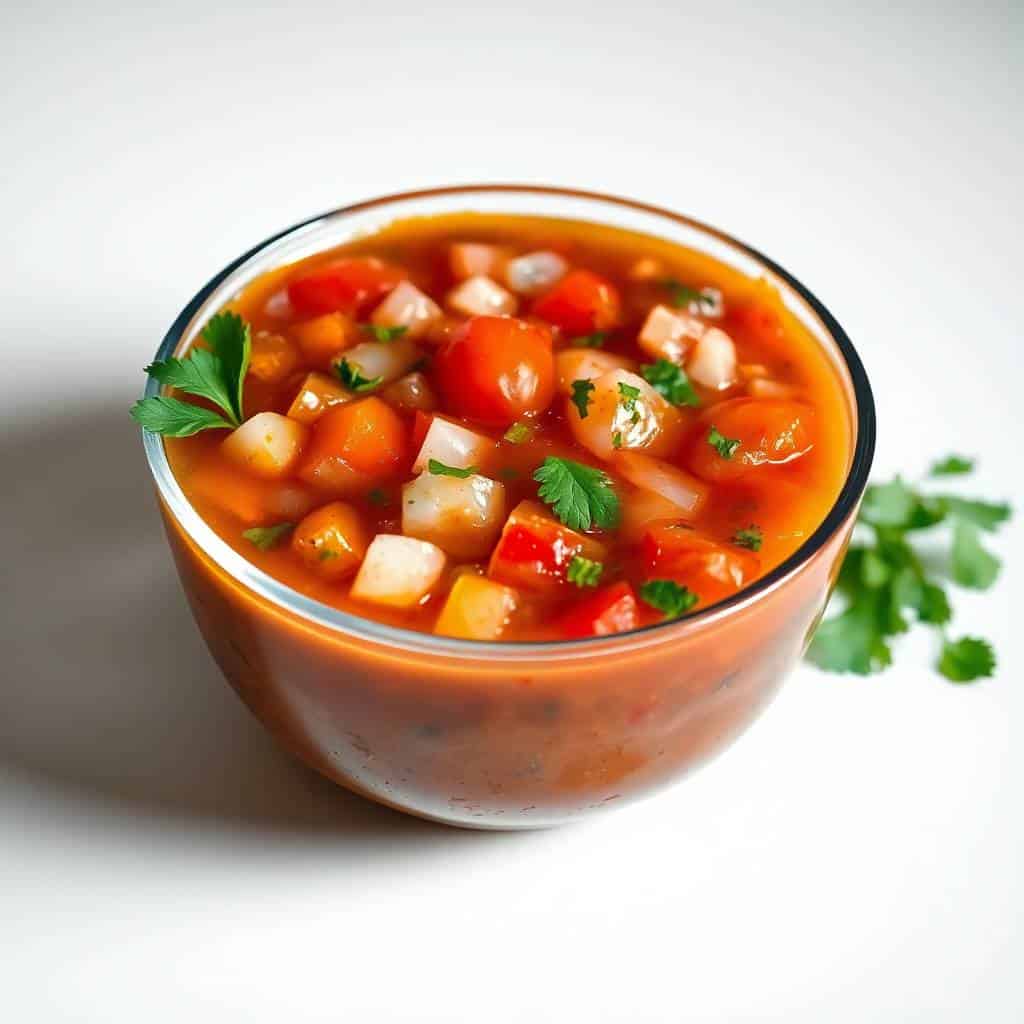 Fresh blender salsa with diced tomatoes and herbs.