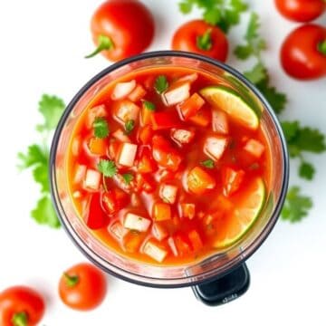 Bright, colorful salsa made with fresh tomatoes, onions, and cilantro in a blender.