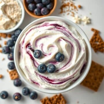 Delicious blueberry vanilla cheesecake fluff topped with fresh blueberries and a swirl of creamy fil.
