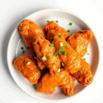Glazed chicken wings garnished with green onions on a white plate for game day.