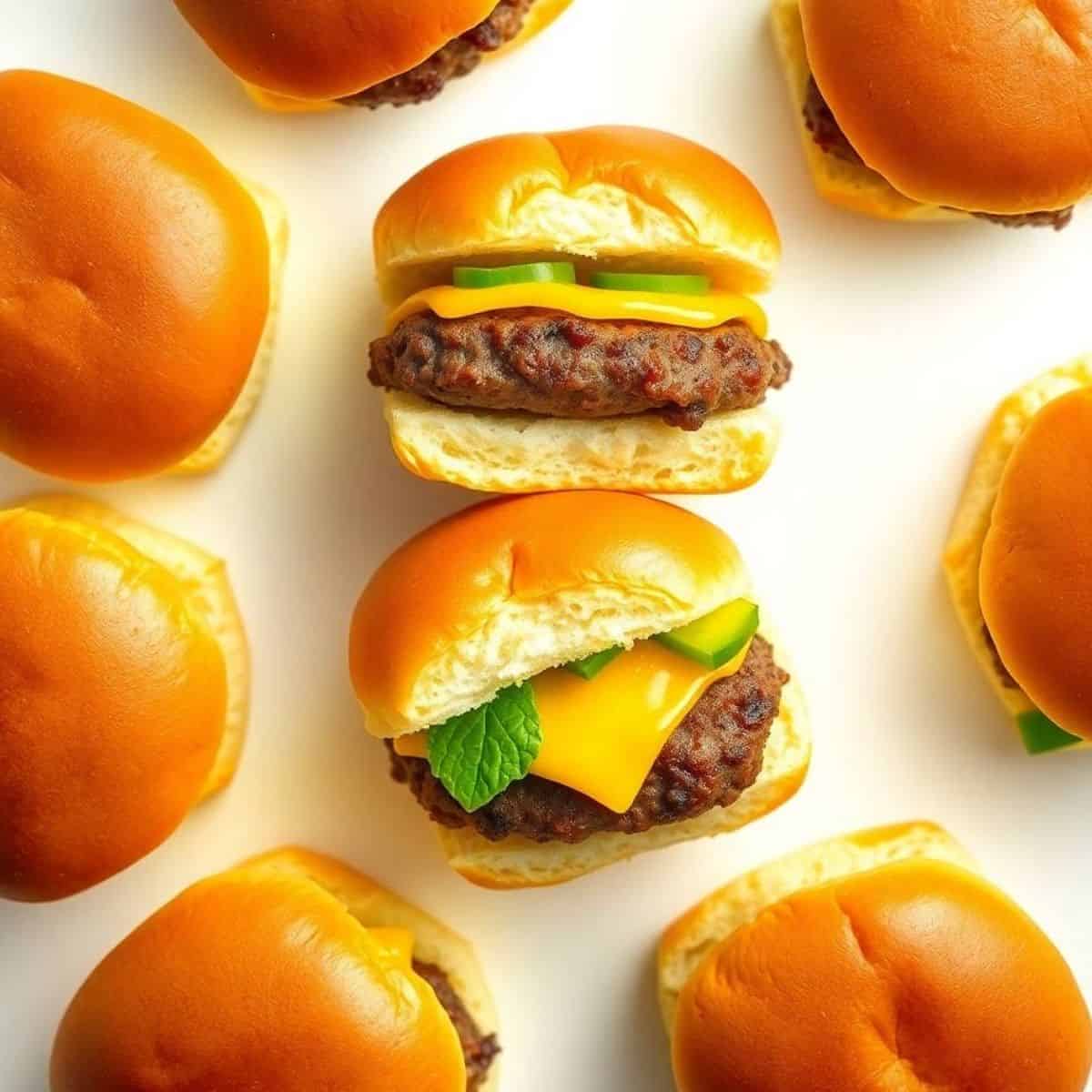 Overhead view of cheeseburgers on golden brioche buns with pickles and cheese, arranged on white background.