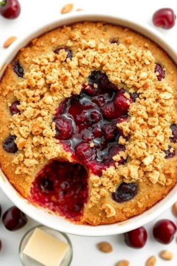 Delicious cherry dump cake with berries and crumb topping in a white baking dish.