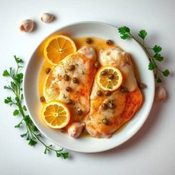 Chicken Piccata with lemon and capers on a white plate.