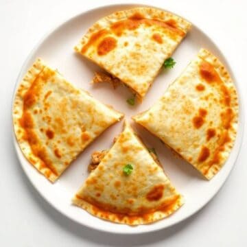 Close-up of cheesy chicken quesadillas on a white plate, golden and crispy, garnished with cilantro.