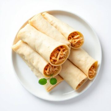 Delicious chicken taquitos wrapped in crispy tortillas on a white plate.