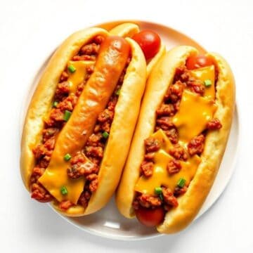 Two chili cheese hot dogs on white plate with melted cheddar and green onions.