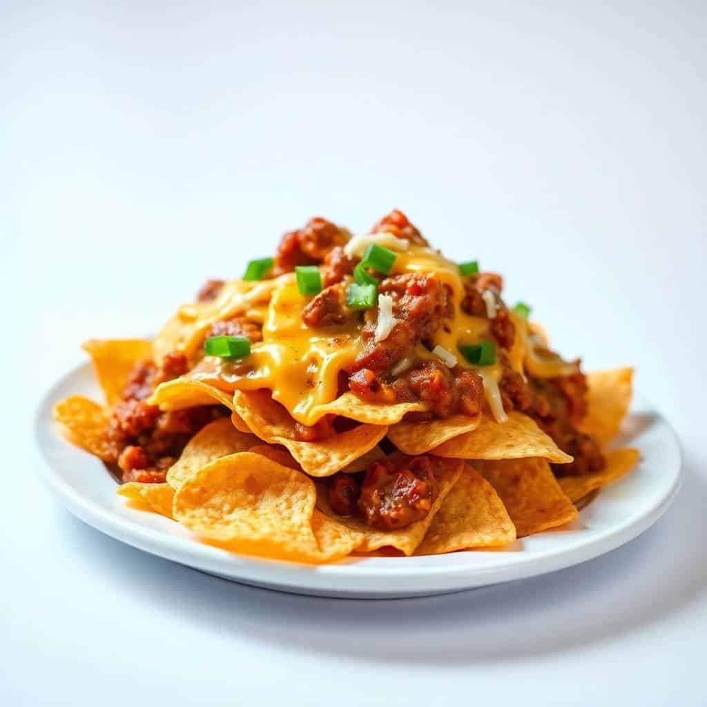 Delicious chili cheese nachos topped with melted cheese and fresh green onions on crispy tortilla ch.