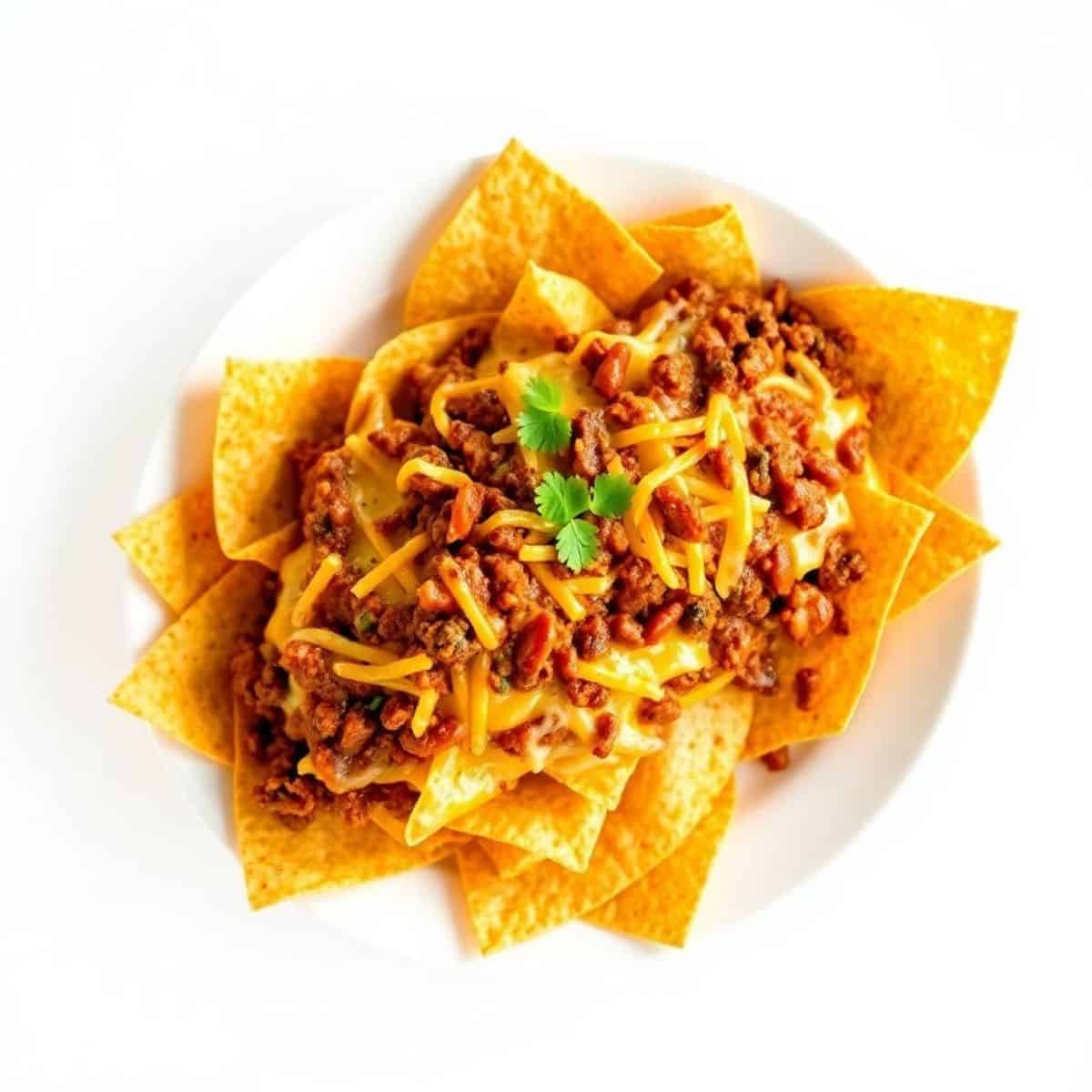 Loaded nachos with seasoned ground beef, melted cheese, and fresh cilantro garnish on white plate.