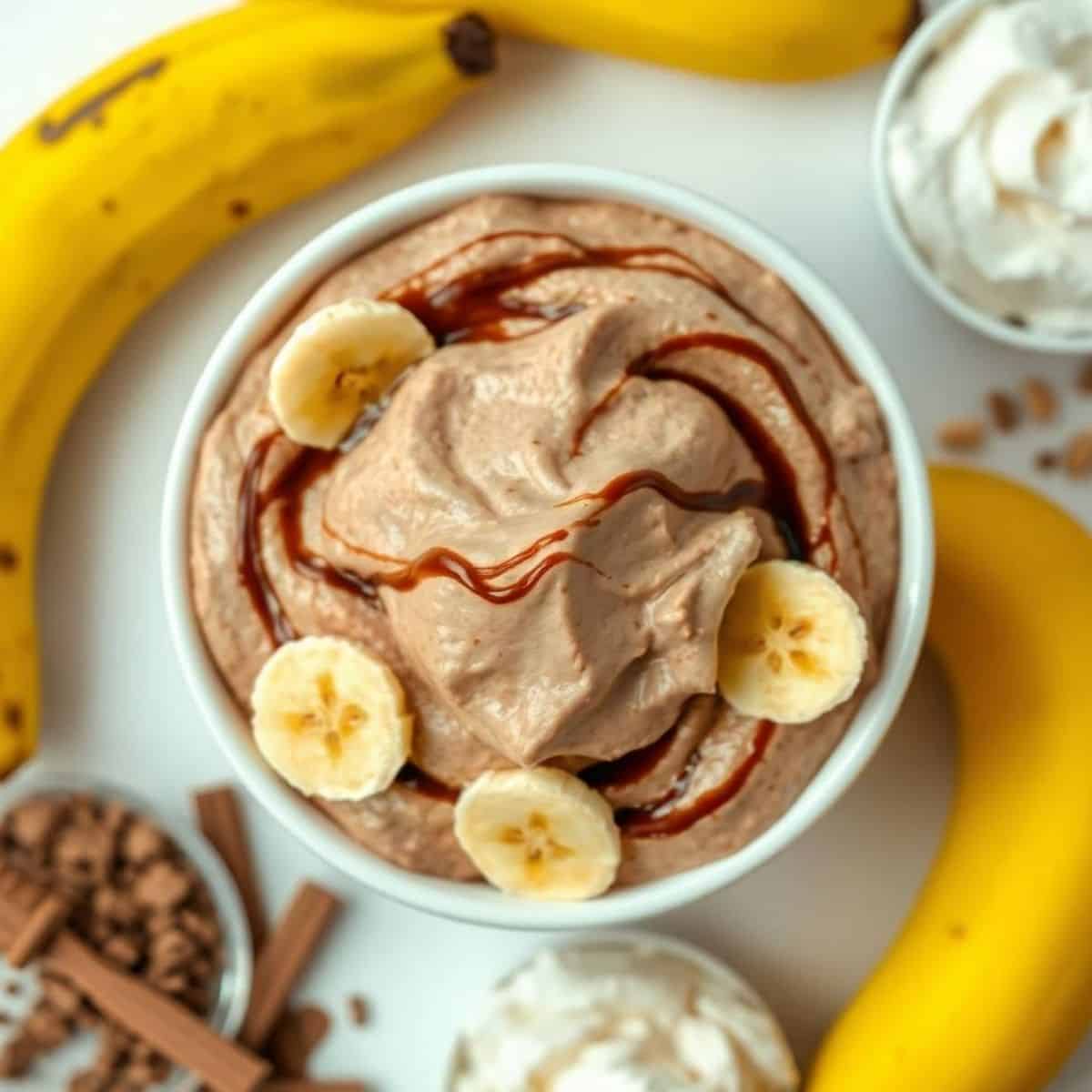 Delicious chocolate banana pudding fluff topped with banana slices and chocolate drizzle.