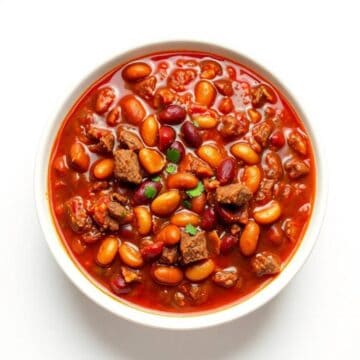 Beef and bean chili in white bowl with red broth, topped with cilantro garnish.